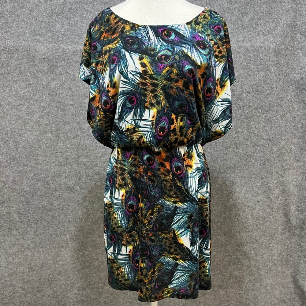 NO‎ STRINGS ATTACHED Peacock Feather Print Dolman Sleeve Stretch Waist Dress LG